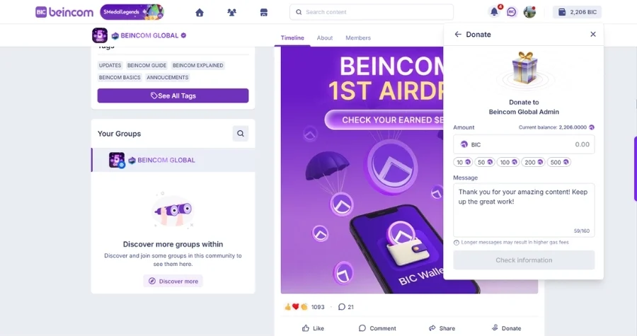 Beincom Donate feature to encourage meaningful contribution