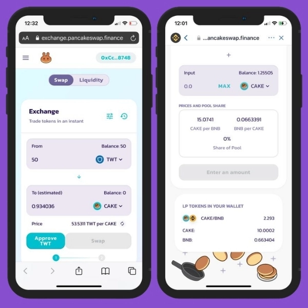 Top sàn DEX phổ biến và đáng chú ý nhất năm 2026 Giao diện PancakeSwap trên di động với tính năng swap token và cung cấp thanh khoản trên BNB Chain