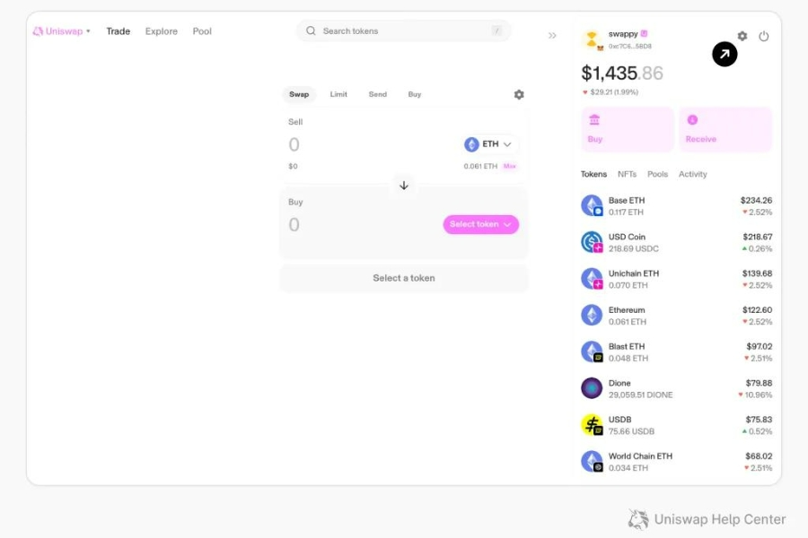 uniswap-giao-dien Giao diện swap token của Uniswap với cập nhật giá theo thời gian thực và kết nối ví crypto